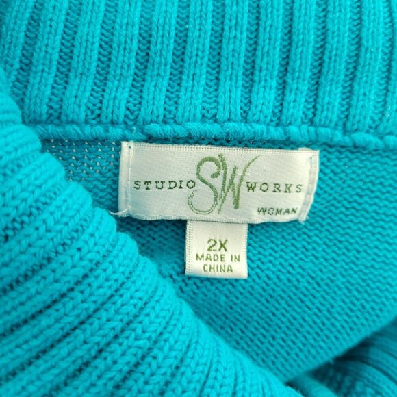 Studio Works Womens Sweater 2X Cardigan Blue Zip Cotton Turtleneck SWE85E - Picture 7 of 9
